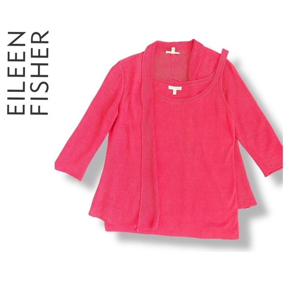 Eileen Fisher 100% Hemp coral pink coordinate knit Set,top and open cardigan - Picture 2 of 16